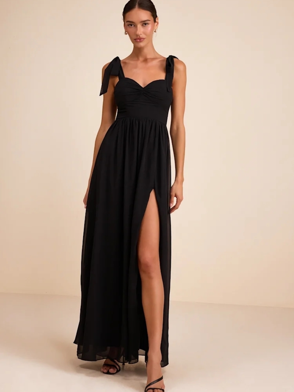 NWT Radiant Charisma Black Chiffon Ruched Tie-Strap Maxi Dress - Picture 4 of 8
